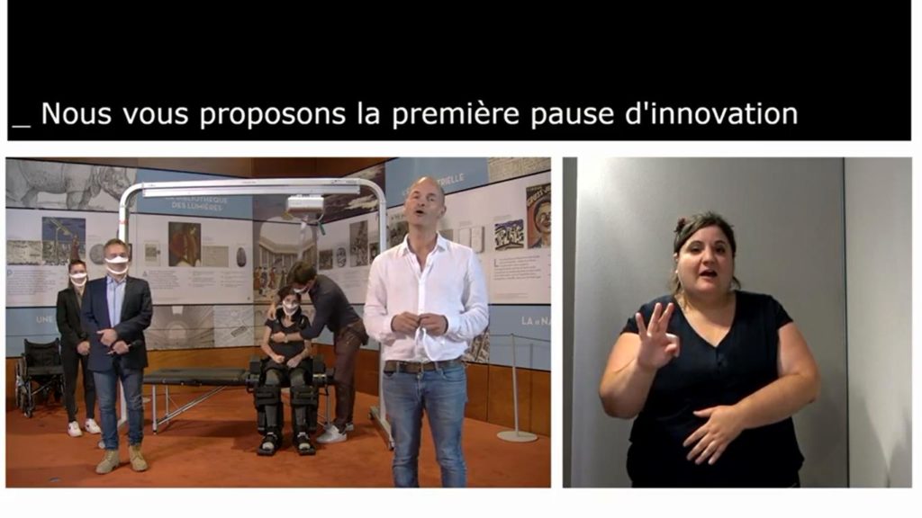 capture d'écran de la retransmission des universités d'été avec Jérémie Boroy qui intervient ainsi que les participants à la démonstration de Wandercraft, le bandeau de transcription simultanée en haut de l'écran et l'interprète en langue des signes française à droite.